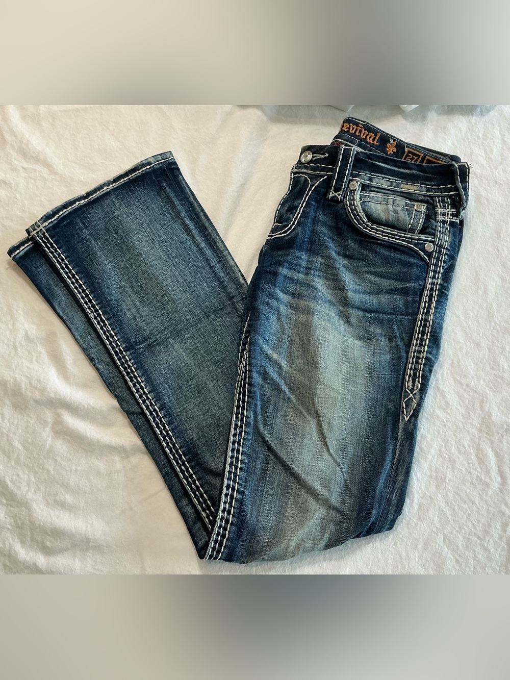 Rock Revival Boot cut Dark Blue, distresed Embroidered Stitch Jeans - Blue